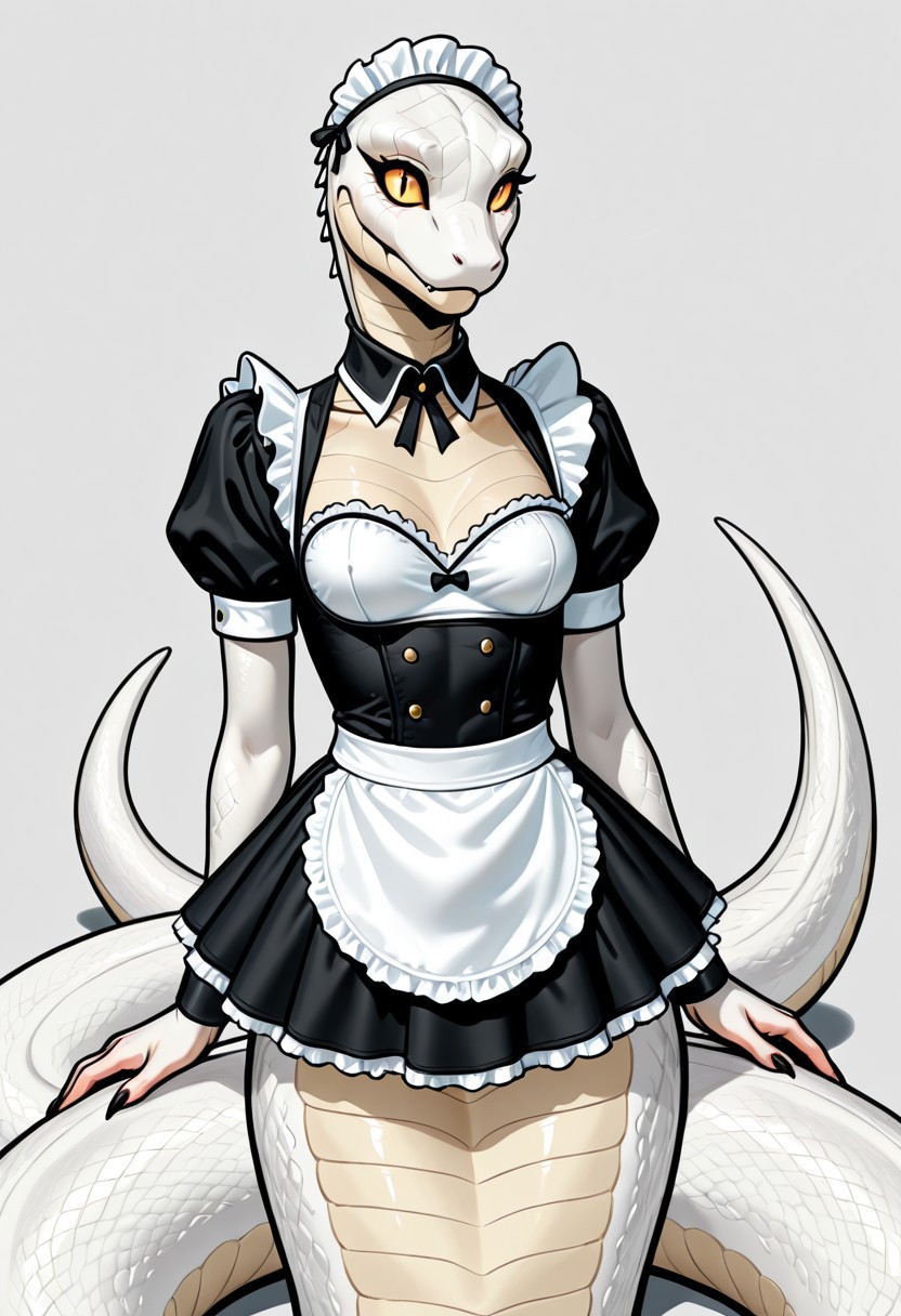 nbsuigi, highly detailed, absurdres, best quality, masterpiece, very aesthetic, 1girl, solo, v1p3r, monster girl, lamia, snake, scales, white scales, yellow sclera, slit pupils, maid outfit, small breasts,