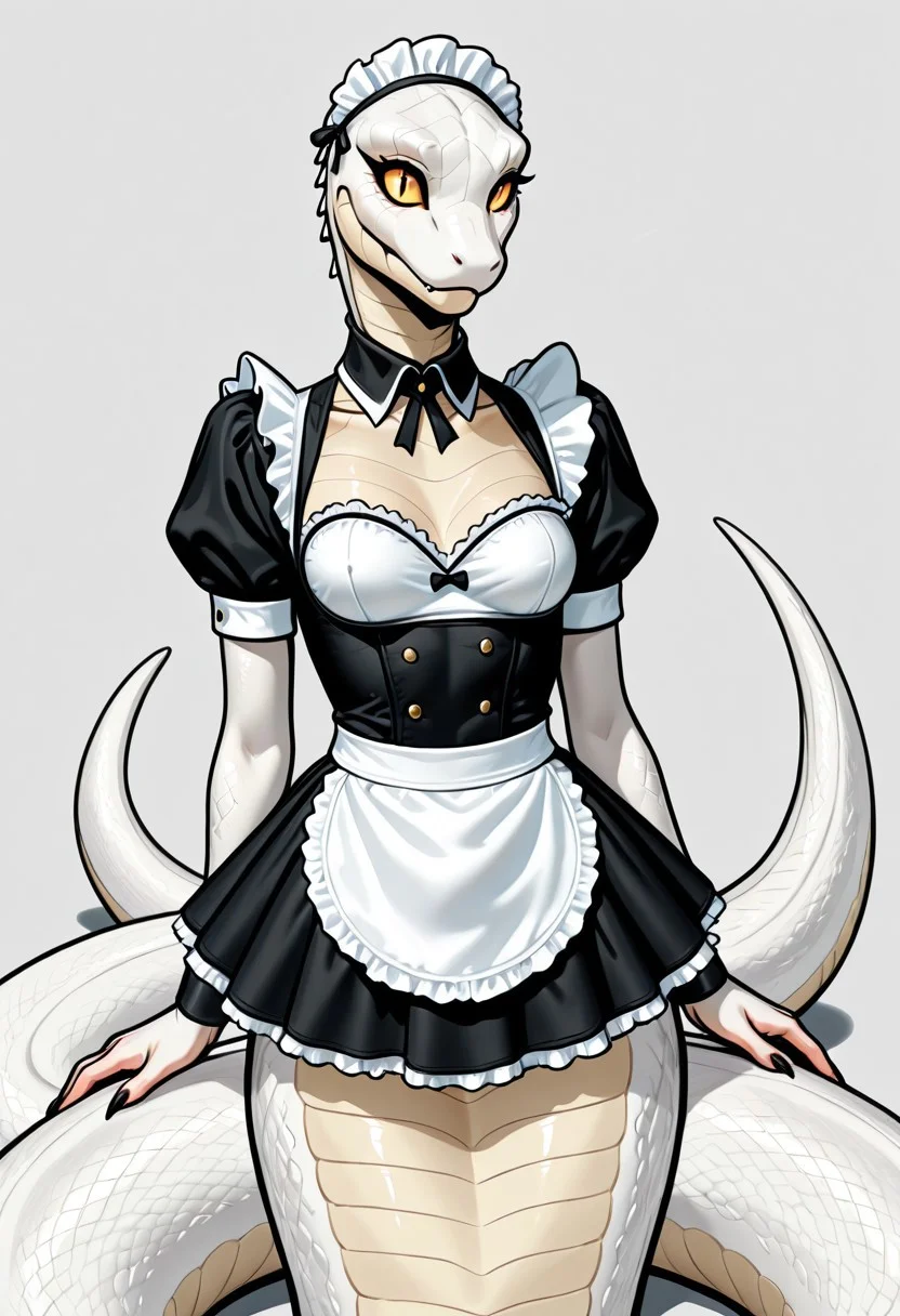 nbsuigi, highly detailed, absurdres, best quality, masterpiece, very aesthetic, 1girl, solo, v1p3r, monster girl, lamia, snake, scales, white scales, yellow sclera, slit pupils, maid outfit, small breasts,