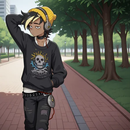 masterpiece, best quality, amazing quality, r3mifort, male, solo, human, dark skin, black hair, short hair, spiked hair, yellow highlights, black eyes, freckles, 
half-closed eyes, yellow beanie, headphones, black collar, wristbands, black sweater, studded belt, black jeans, ripped jeans, red sneakers, walking, one hand behind head, one hand in pocket, looking aside, outdoors, park