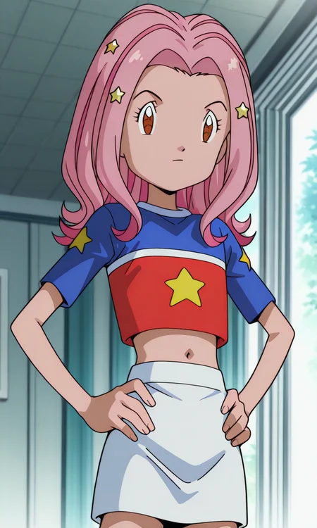 official style, source_anime, anime art style, digimon adventure 02, mimi tachikawa, 1girl, solo, brown eyes, long hair, pink hair, flat chest, multicolored hair, navel, midriff, crop top, star shirt, shirt, medium hair, streaked hair, star hair ornament, hair ornament, white skirt, miniskirt, hands on own hips