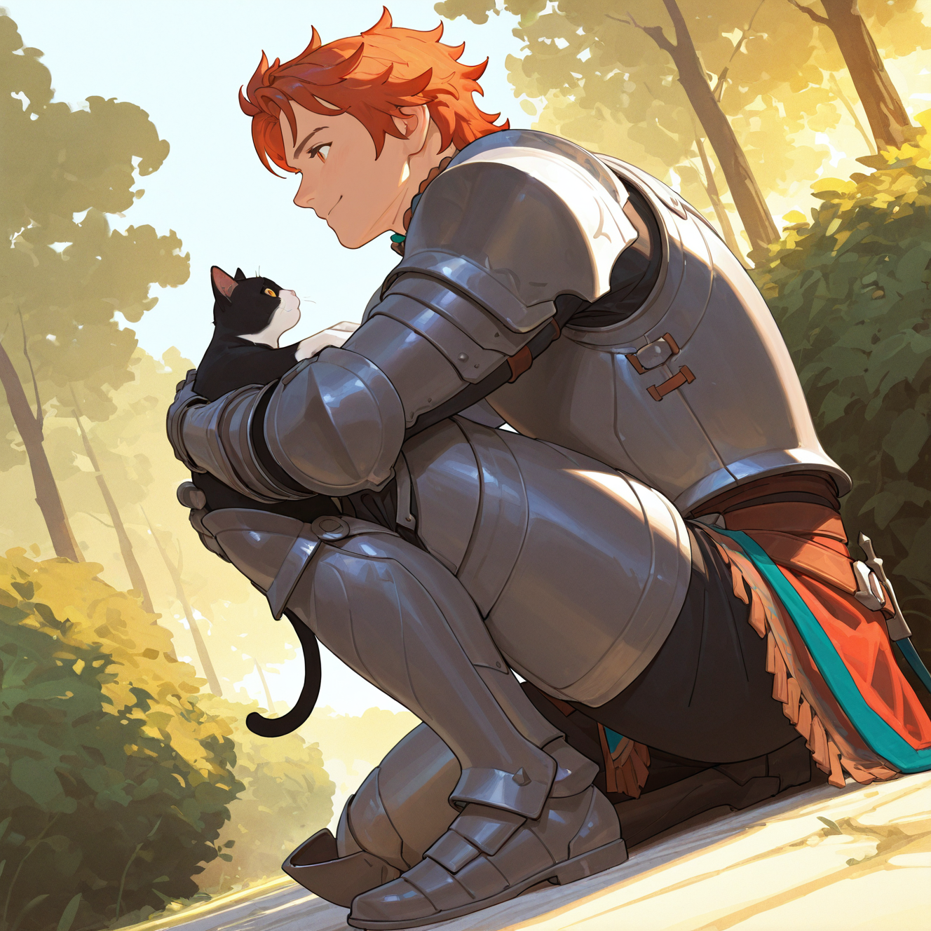 <lora:SYLVAIN:1>
sylvain, solo, smile, 1boy, holding, male focus, outdoors, orange hair, armor, tree, orange eyes, animal, squatting, cat, gauntlets, armored boots, holding animal, holding cat, sitting, red hair, from side, bush, muscular, bara, muscular male
, motion blur, film grain, abstract, natural lighting, fantasy, cinematic, dynamic view, tilted angle, very awa, masterpiece, best quality, absurdres, newest, perfect quality, detailed background, intricate details, (artist:fl \(l-fl\):0.7), (artist:tooboshoo:0.7), (artist:dizdoodz:0.8)