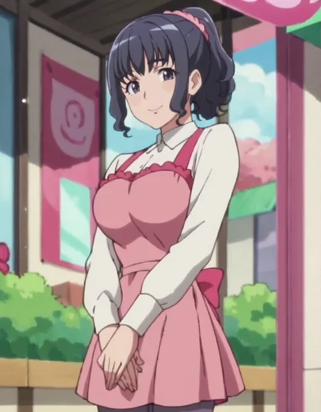 score_9, score_8_up, score_7_up, anime screencap, solo,1girl,dress, pink apron,smile, looking at viewer, black hair, ponytail, pantyhose, long sleeves,cowboy shot, large breasts,<lora:minaminomisora:0.7>