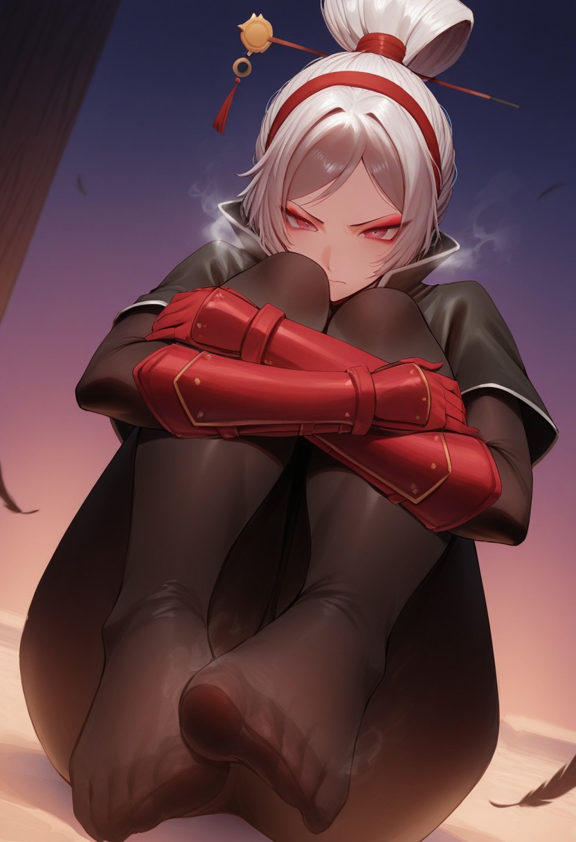 rororo,  outdoors, undershirt, falling feathers, black bodysuit, hair stick, hugging own legs, , gauntlets,   eyeshadow,   red gloves,  high ponytail,  , black capelet, red hairband, pink eyes, 1girl, solo, feet, visible breath,   dynamic angle, foreshortening, smell, steam,