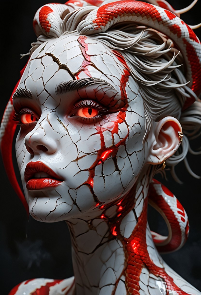 score_9, score_8_up, score_7_up, score_6_up, alternative punk girl with spikey dark red snake hair, Sculpt, sculpture style,marble skin,colored sclera,cracked skin,glowing,