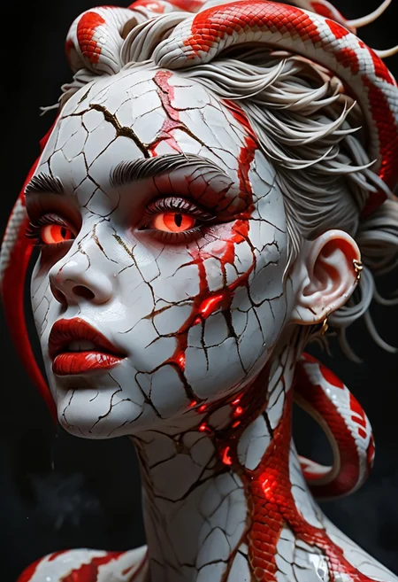 score_9, score_8_up, score_7_up, score_6_up, alternative punk girl with spikey dark red snake hair, Sculpt, sculpture style,marble skin,colored sclera,cracked skin,glowing,
