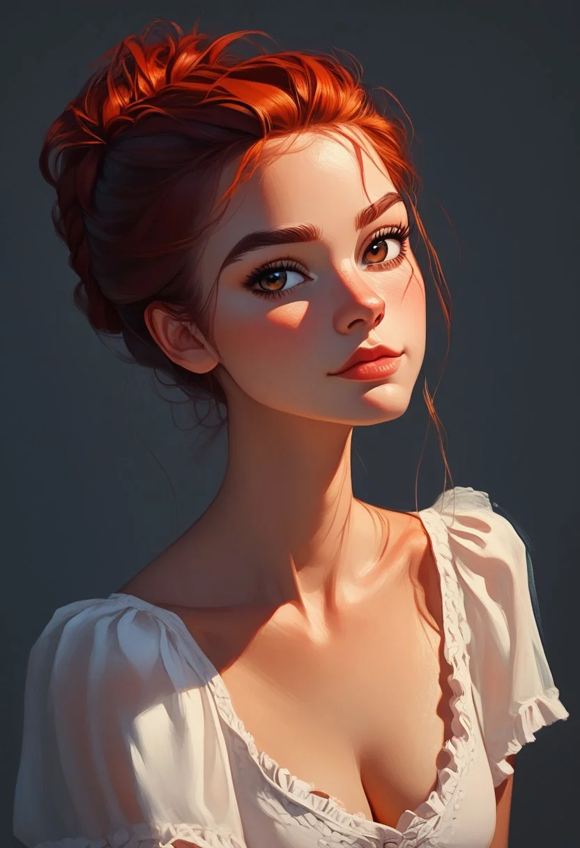 score_9, score_8_up, score_7_up, score_6_up, score_5_up, 22 years old, long red hair, brown eyes,  , 1girl, kawai girl, frill dress, small perky breasts, v neck, cleavage focus, elegant, hair updo , confident, smug, s1_dram