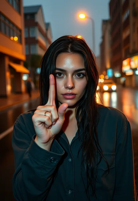 Give me the image of a woman doing one finger salute, empty street and intense rain, at dusk with reflections of artificial light, hair is wet and shirt is wet, shivering and hunched over.