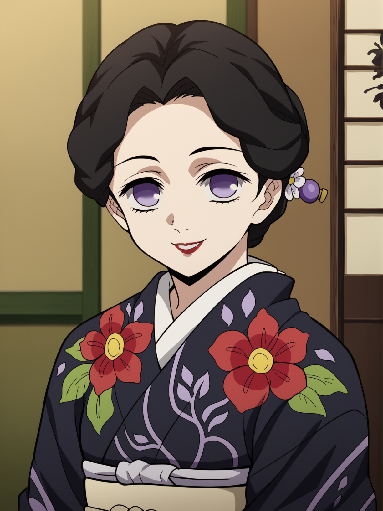 <lora:Tamayo-Kimetsu_no_Yaiba:0.8>,tamayo,1girl,purple eyes,black hair,lipstick,flower,hair ornament,kimono,upper body,smile,looking at viewer, indoors