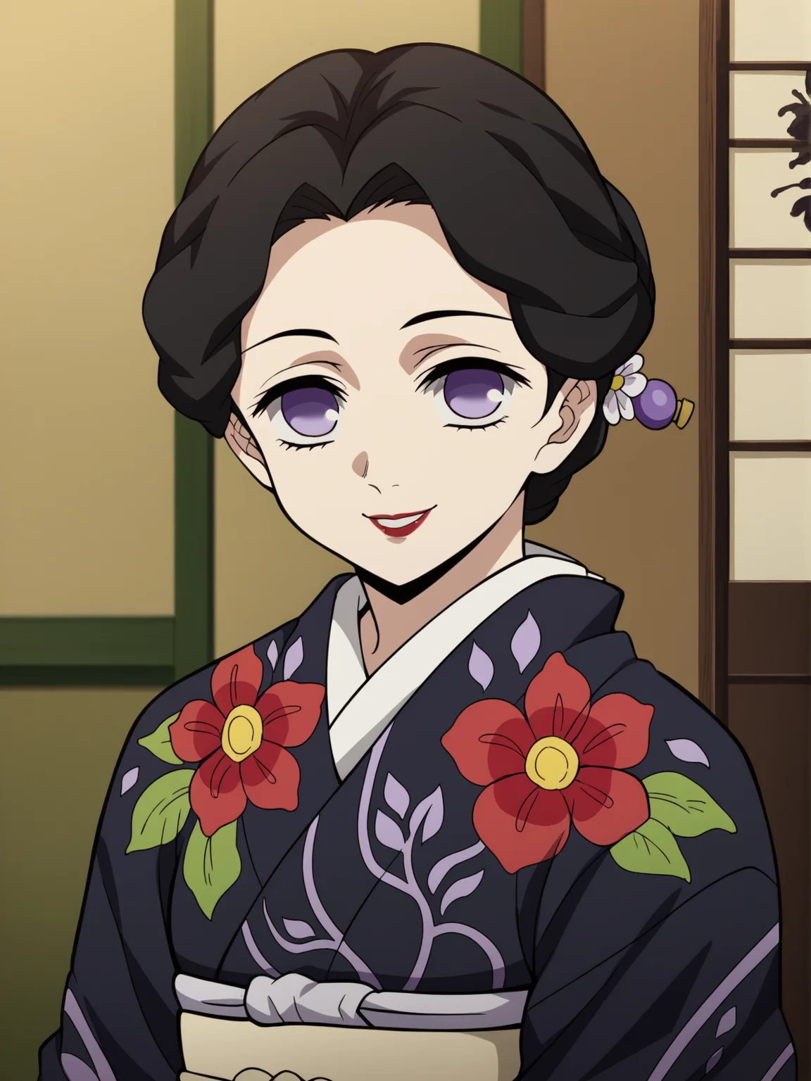 <lora:Tamayo-Kimetsu_no_Yaiba:0.8>,tamayo,1girl,purple eyes,black hair,lipstick,flower,hair ornament,kimono,upper body,smile,looking at viewer, indoors