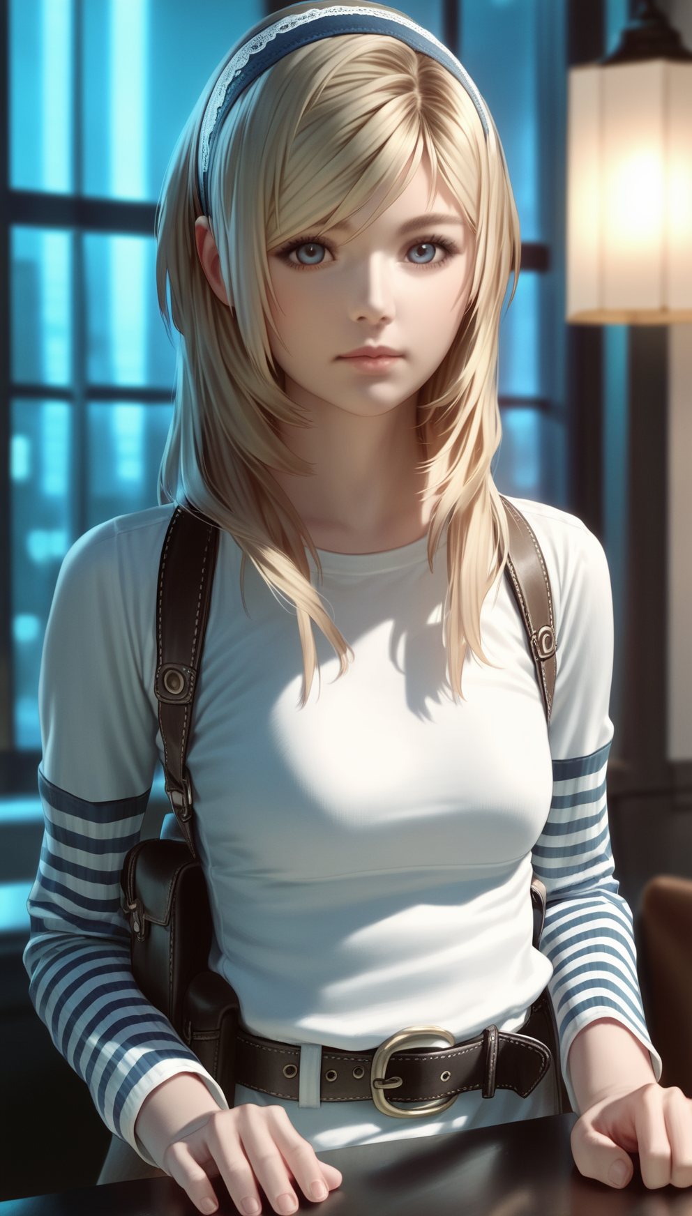 score_9,score_8_up,score_7_up,
<lora:Leanne:0.9>,
leanne,
highres,photorealism,
1girl, solo, blonde hair, long hair, bangs, lace hairband with flower, blue eyes, looking at viewer, parted lips, white long sleeve shirt with blue striped sleeves, belt pouch, portrait, hands on counter, indoors, night, cafe, window, lamp, blurred background