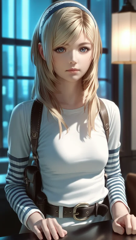 score_9,score_8_up,score_7_up,
<lora:Leanne:0.9>,
leanne,
highres,photorealism,
1girl, solo, blonde hair, long hair, bangs, lace hairband with flower, blue eyes, looking at viewer, parted lips, white long sleeve shirt with blue striped sleeves, belt pouch, portrait, hands on counter, indoors, night, cafe, window, lamp, blurred background