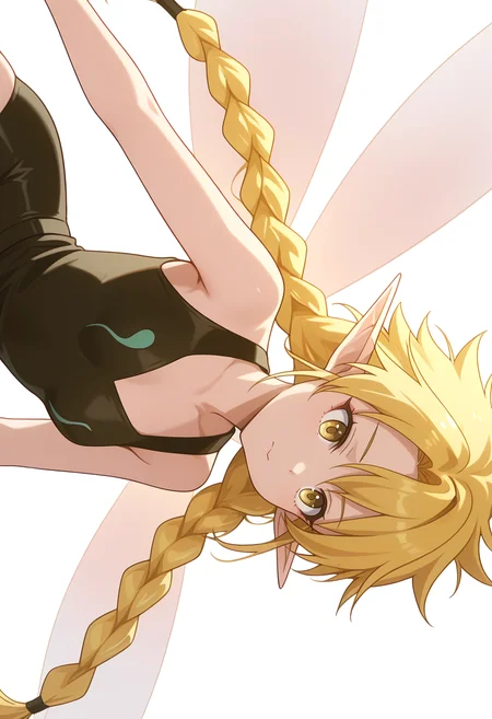 Smooth Quality,masterpiece,very intricate, high quality details, ultra realistic, high detailed skin,detailed enviorement,absurdres, 
simple background, white background, 
sideways,dancing,
:c,solo, 
 <lora:Ramiriscnn:0.8> ramiriscnn, 1girl, fairy, minigirl, blonde hair, yellow eyes, pointy ears, long hair, twin braids,small breasts,fairy wings, bare shoulders, button-up vest, ,bishop sleeve blouse,  ,tight shorts,  ,