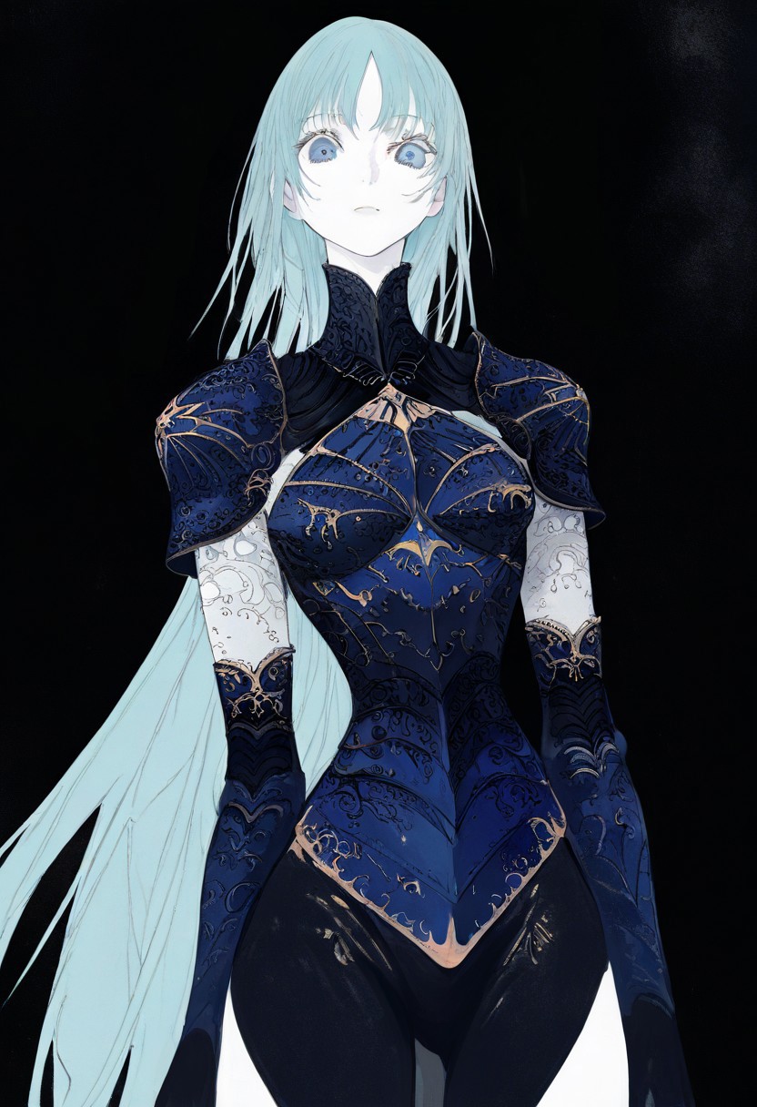 solo, looking at viewer, blue eyes, black background, 1girl, solo, long blue hair, pale white skin, blue armor, masterpiece,best quality,very aesthetic,absurdres
 <lora:monfornoob:0.95>