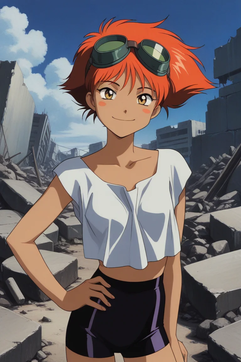 masterpiece, best quality, source_anime,official art,perfect_anatomy,1990s_\(style\),retro_artstyle, 1girl,Edward,red_hair,spiked_hair,goggle_on_head,white_shirt,bike_shorts,flat chests,(beautiful detailed face,looking_at_viewer,smile),breasts,hands_on_hip,cowboy shot,day,Rubble pile, ruins,blue_sky,cloud