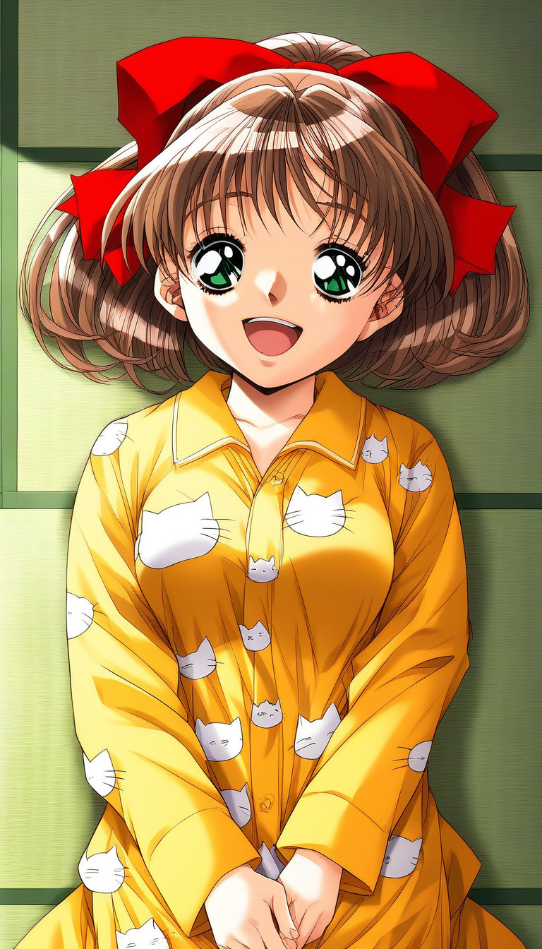 score_9, score_8_up, score_7_up, source_anime, rating_explicit, BREAK <lora:Sunohara_Suzuha_XL:1> Sunohara_Suzuha, brown hair, green eyes, red bow, hair bow, medium hair, ponytail, medium breasts,
1girl, solo, closed eyes, open mouth, smile, long sleeves, happy, Yellow pajamas, tatami, cat print,