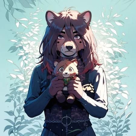 score_9, knva, 1girl, Sable Ward, furry, anthro tanuki, holding a tanuki toy