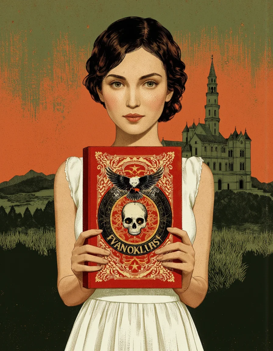 By Anna & Elena Balbusso. A digital illustration shoot from a front camera angle about a woman holding a book in front of her face, partially obscured by the cover. the image features a woman, who appears to be in her late 20s, with short, dark hair styled in a bun, standing in the middle of the image. she is facing the viewer, looking directly at them with a neutral expression. her eyes are large and brown, and she is wearing a white dress. the woman is holding a large, red book with an ornate, ornate design on the cover, which features a skull and a bird motif. the background is a textured, muted green and orange gradient, with a castle-like structure in the distance. the overall style is reminiscent of a graphic novel, with bold, vibrant colors and intricate patterns.