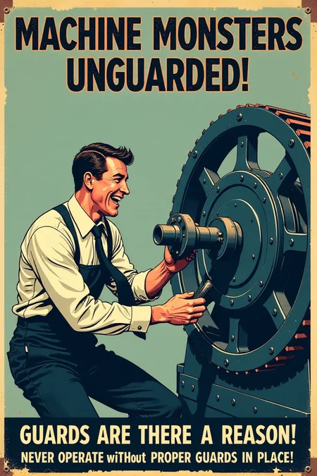 "Vintage safety sign illustration of a worker operating a large, dangerous-looking machine with all the machine guards completely removed or bypassed.  He is happily feeding his tie into moving gears and ignoring exposed blades and belts spinning dangerously close to his hands.  He has a blissful, carefree expression, completely unaware of the imminent danger of entanglement.  The sign text in bold, vintage lettering cries out: 'MACHINE MONSTERS UNGUARDED!  GUARDS ARE THERE FOR A REASON!  NEVER OPERATE WITHOUT PROPER GUARDS IN PLACE!' Render in a stark, slightly unsettling vintage cartoon style, contrasting the worker's oblivious happiness with the clearly dangerous unguarded machinery. Use a color palette that emphasizes the cold, metallic nature of the machinery (greys, blues) and warning reds for danger zones around the unguarded moving parts. Visually stunning vintage cartoon, direct machine guarding safety message, high detail in machine components and the worker's dangerous disregard for safety." <lora:REMEs_War_Poster_Style:0.9> In REME's War Poster Style,âââ
