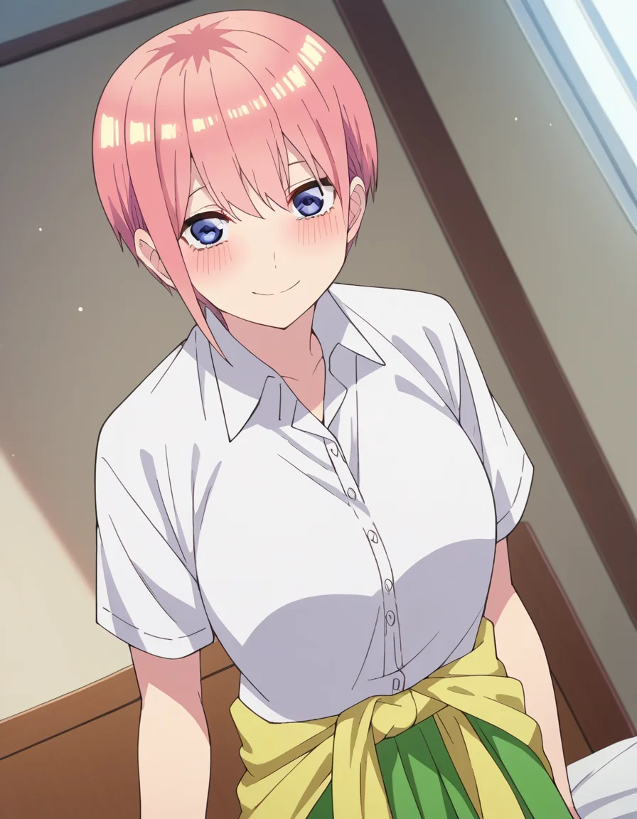 score_9, score_8_up, score_7_up, source_anime,
ichikanakano, <lora:ichika-nakano-s2-ponyxl-lora-nochekaiser:1>,
ichika nakano, short hair, bangs, blue eyes, hair between eyes, pink hair, pixie cut, smile, mature female,
skirt, shirt, school uniform, white shirt, short sleeves, pleated skirt, collared shirt, sweater, green skirt, clothes around waist,
indoors, bed, bed room, on side, blush, drunk,
looking at viewer, cowboy shot, solo, dutch angle,