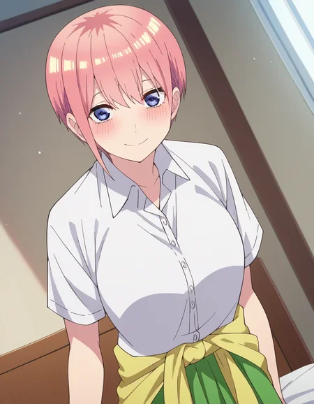 score_9, score_8_up, score_7_up, source_anime,
ichikanakano, <lora:ichika-nakano-s2-ponyxl-lora-nochekaiser:1>,
ichika nakano, short hair, bangs, blue eyes, hair between eyes, pink hair, pixie cut, smile, mature female,
skirt, shirt, school uniform, white shirt, short sleeves, pleated skirt, collared shirt, sweater, green skirt, clothes around waist,
indoors, bed, bed room, on side, blush, drunk,
looking at viewer, cowboy shot, solo, dutch angle,