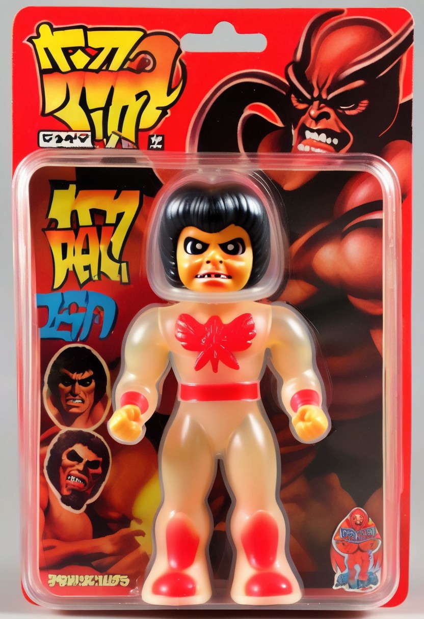 <lora:1987 Action Figure Playset Packaging:1>1987 Action Figure Playset Packaging - A product photo of a 1970s japanese toy clear KISS (Band) The Demon (spitting blood) figure in front of packaging