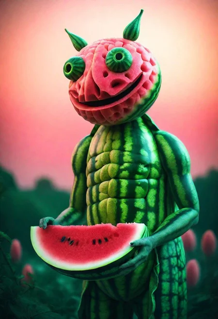 Documentary photograph, magical fantasy magic watermelon creature, cinematic light, high detail, beautiful, surreal, dramatic, warm colors<lora:Dreamyvibes artstyle SDXL - trigger with Dreamyvibes artstyle:1> Dreamyvibes Artstyle