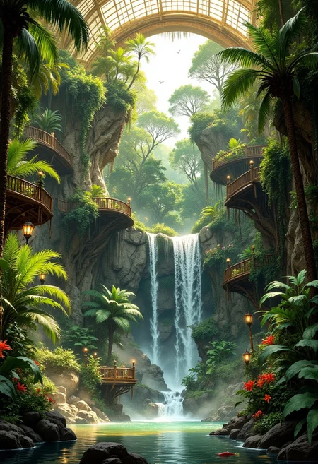 Misty Sunlit Rainforest Ballroom with Waterfalls
A tropical botanical ballroom, bathed in soft golden sunlight filtering through a high glass ceiling, where a gentle mist rises from the ground, creating an atmosphere of pure serenity. The space is filled with towering ferns, flowering vines, and massive tropical trees, forming a lush indoor rainforest with hidden pathways and tranquil pools.
At the heart of the ballroom, a multi-tiered waterfall cascades from moss-covered cliffs, its flow creating a constant gentle mist that catches the sunlight, forming delicate rainbow prisms in the air. The sound of chirping exotic birds and the distant calls of hidden waterfalls fills the space, blending with the soft trickle of water over stone.
Seating areas are arranged on elevated wooden decks, surrounded by glowing lanterns and colorful hanging orchids. Soft mist swirls around the floors, partially hiding small winding streams and koi-filled ponds, making it feel like the room is floating within an enchanted rainforest.