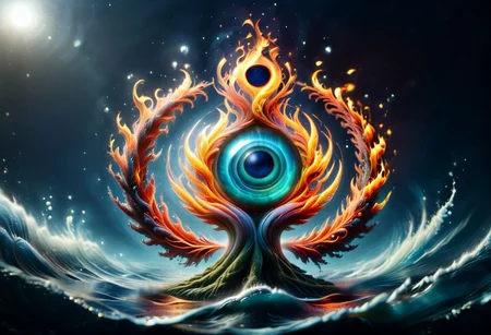 Harmonious fusion of elements, earth air fire earth and ether combined in a pentagonal shape in seamless integration, earth grounding and stable, water flowing and fluid, air swirling and free, fire vibrant and warm, united in perfect balance, elements intertwining gracefully, serene and dynamic, vibrant flames, coexistence of contrasts, nature's optimal quality, synergy of forces, essence of unity, balanced natural forces, peaceful coexistence, elemental harmony, timeless and eternal, highly detailed, masterpiece, 32k, UHD quality, pentangle, all of this inside the big cyclopic eye