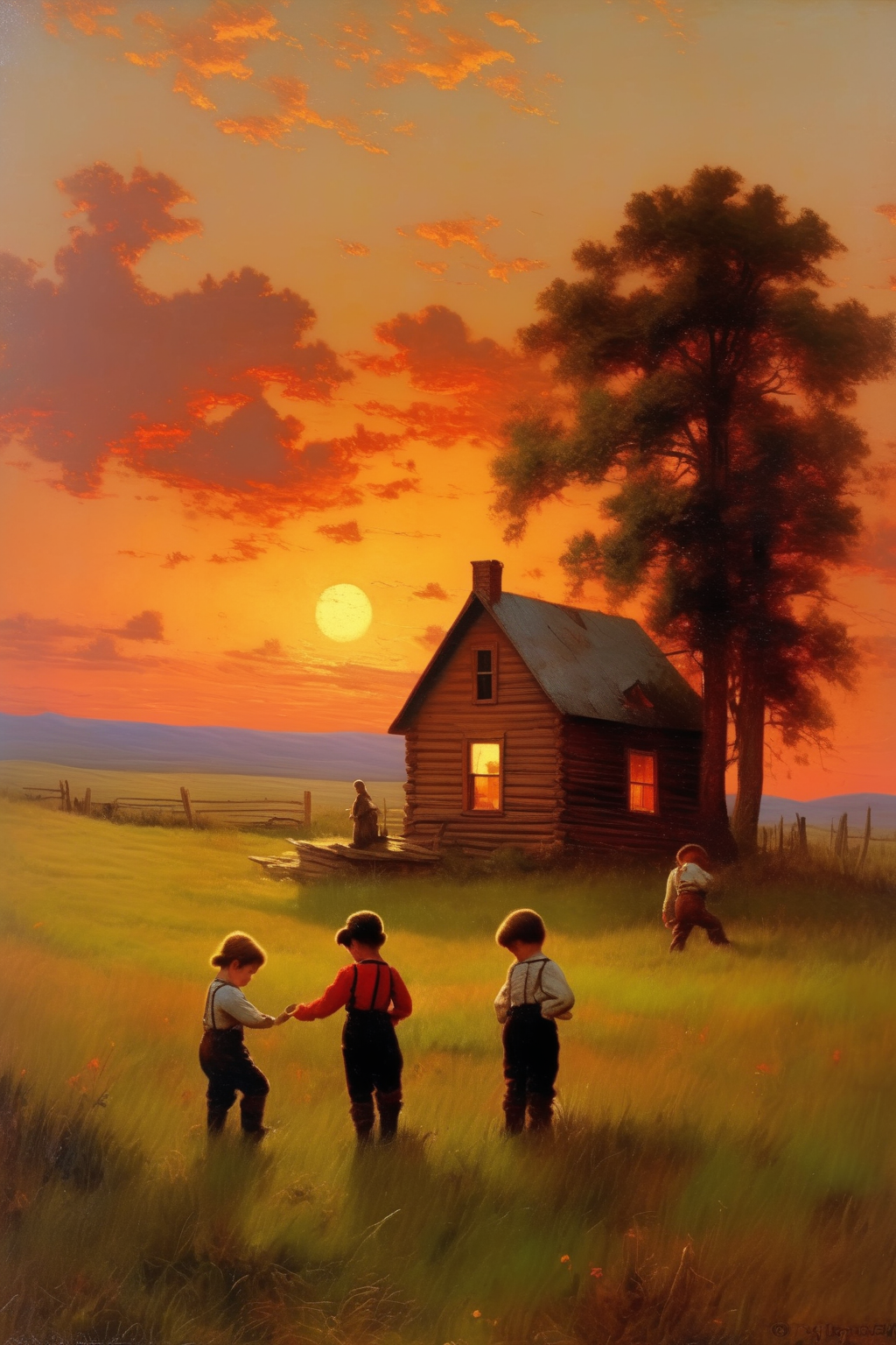 <lora:Worthington Whittredge Style:1>Worthington Whittredge Style - two little children play outside near a little house on the prairie. 1890. beautiful. highly detailed. vivid colors. auburn sky. Asher Brown Durand style