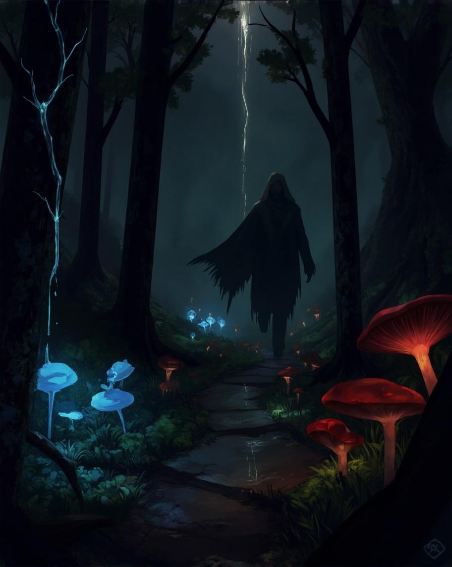 <lora:ck-LttleGhost-000011.safetensors:1> in the style of ck-lttlegh0stA mysterious figure cloaked in darkness navigates a mystical forest illuminated by ethereal lights emanating from plants and fungi. A blue glow lingers on the left path, while red and green hues cast an eerie ambiance. Above, a faint white light bleeds through the canopy, setting the tone for a haunting atmosphere.