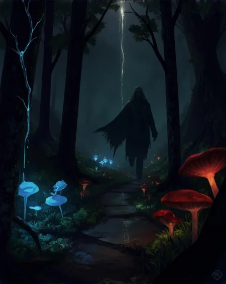 <lora:ck-LttleGhost-000011.safetensors:1> in the style of ck-lttlegh0stA mysterious figure cloaked in darkness navigates a mystical forest illuminated by ethereal lights emanating from plants and fungi. A blue glow lingers on the left path, while red and green hues cast an eerie ambiance. Above, a faint white light bleeds through the canopy, setting the tone for a haunting atmosphere.