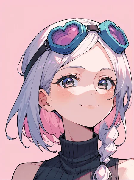 score_8_up, score_7_up, score_6_up, source_anime, 1girl, solo, simple background, pink background,, portrait, close-up
smile,
black turtleneck, sleeveless
goggles on head <lora:Heart_Goggles:1>
