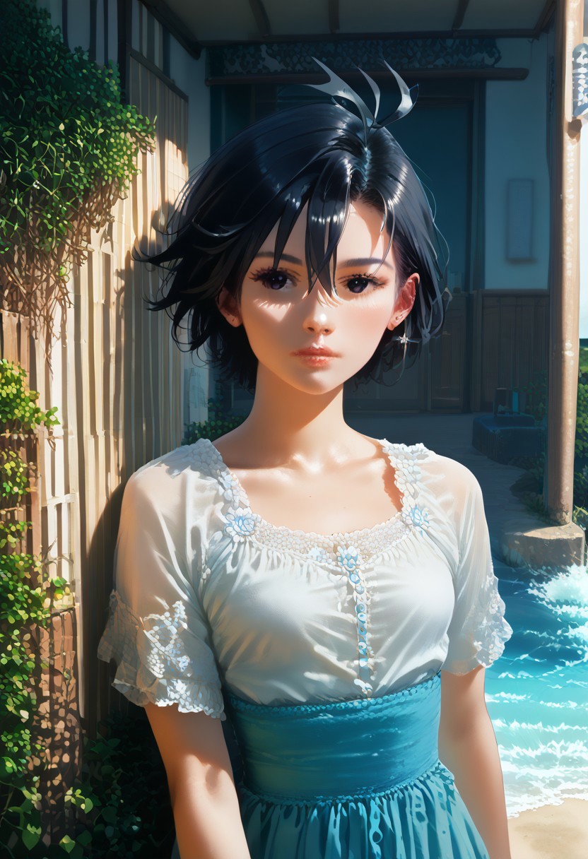 score_9, score_8_up, score_7_up, score_6_up, source_anime, <lora:Worldly_XL:1.25> <lora:AIU 0.3v:1.1> detailerlora, sunlight, ocean, seabirds, waves, open sky, clouds, wind, nature, coastal vegetation, small coastal flowers, 1girl, solo, Kikuchi Makoto is walking on the beach in windy weather, <lora:KikuchiMakoto_pony_v1:0.9> kkcmkt, short hair, black hair, antenna hair, hair between eyes, black eyes, flat chest, small breasts, summer clothes, beachwear, swimwear, Score_PnyReal, <lora:StS_PonyXL_Detail_Slider_v1.2:5>