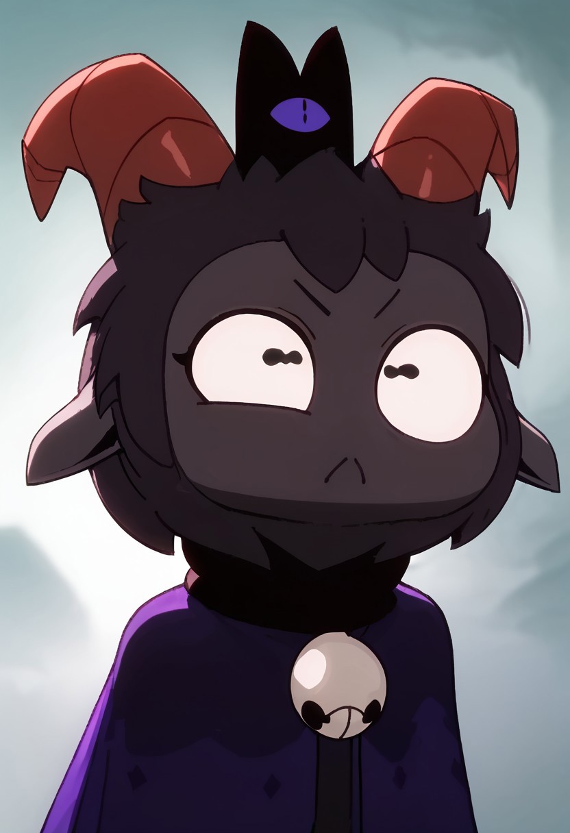 score_9, score_8_up, score_7_up, 1man,
1beautiful face, petite, 20yo male, goat, grey skin, dark grey fur, white eyes, no sclera, horizontal pupils, black pupils, huge horns, silver neck bell, collar, cape, furry, anthro, ((no eyelashes)), black crown
score_9, score_8_up, score_7_up, BREAK, 1boy,  solo, looking at viewer, 
cute, close up, portrait, head shot, ( :< )