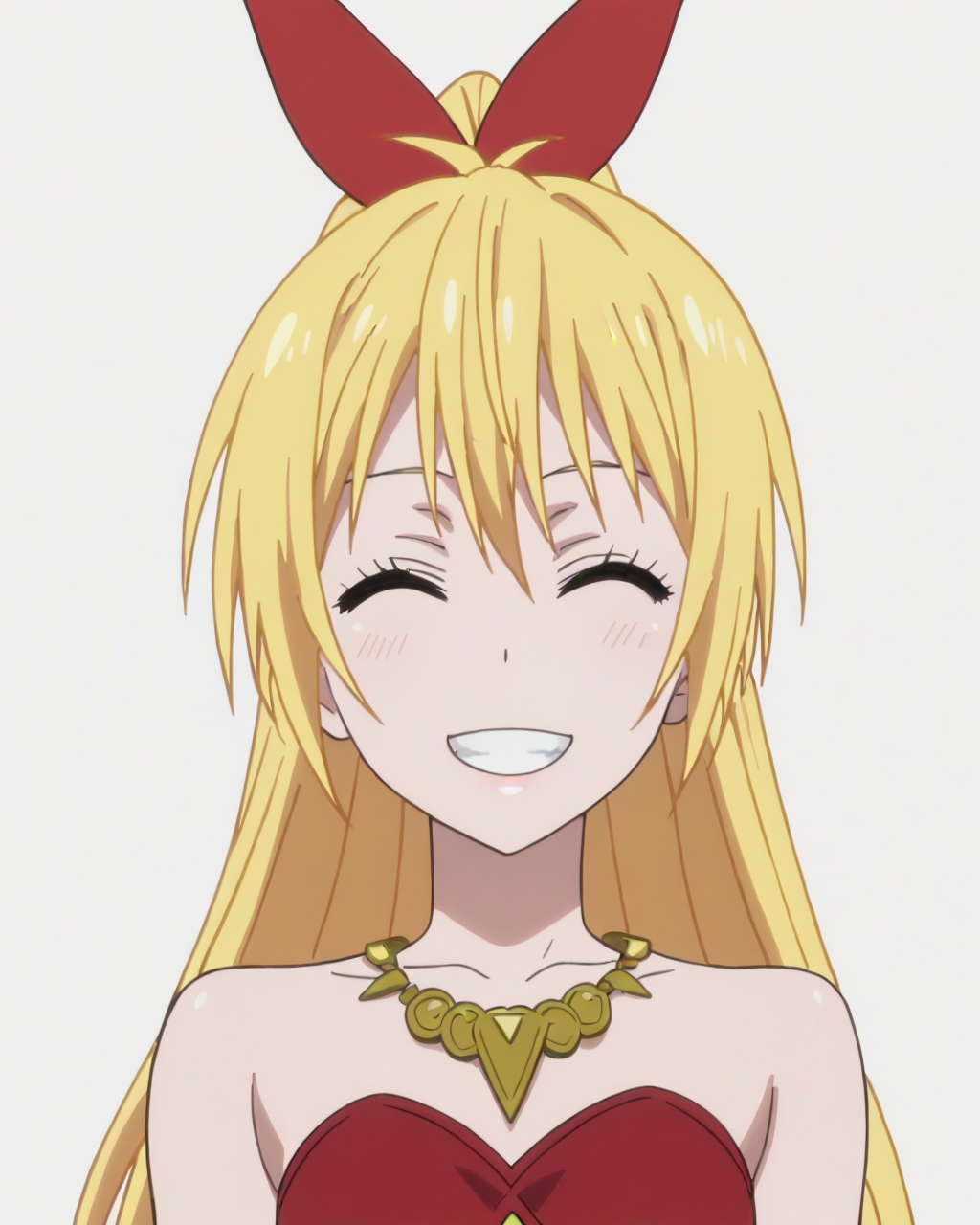 score_9, score_8_up, score_7_up, best quality, masterpiece, anime, anime screencap, anime coloring, looking at viewer, 1girl, solo, upper body, (simple background, solid white background:1.3), <lora:chitoge-nisekoi:0.8>, chitoge kirisaki, hair ribbon, ponytail, necklace, red dress, sleeveless, strapless, smile, grin, closed eyes