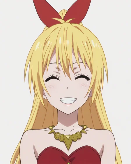 score_9, score_8_up, score_7_up, best quality, masterpiece, anime, anime screencap, anime coloring, looking at viewer, 1girl, solo, upper body, (simple background, solid white background:1.3), <lora:chitoge-nisekoi:0.8>, chitoge kirisaki, hair ribbon, ponytail, necklace, red dress, sleeveless, strapless, smile, grin, closed eyes