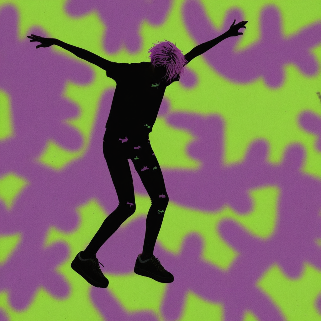 An apathetic stick figure lazily bobs its aimless doodle-limbs against a trippy backdrop of crude zine doodles and clashing fluorescent shapes, perfectly capturing that slacker sludge sound, The ultimate in ironic, detached cool - a blobby, featureless humanoid casually flips the bird while oozing across the cover in a puddle of sarcastic, anti-establishment ennui, A hazy green and purple haired skater-punk shreds a few disinterested moves in a grainy, photocopied cut-and-paste collage straight outta the 90s underground zine scene. Apathy never rocked so hard