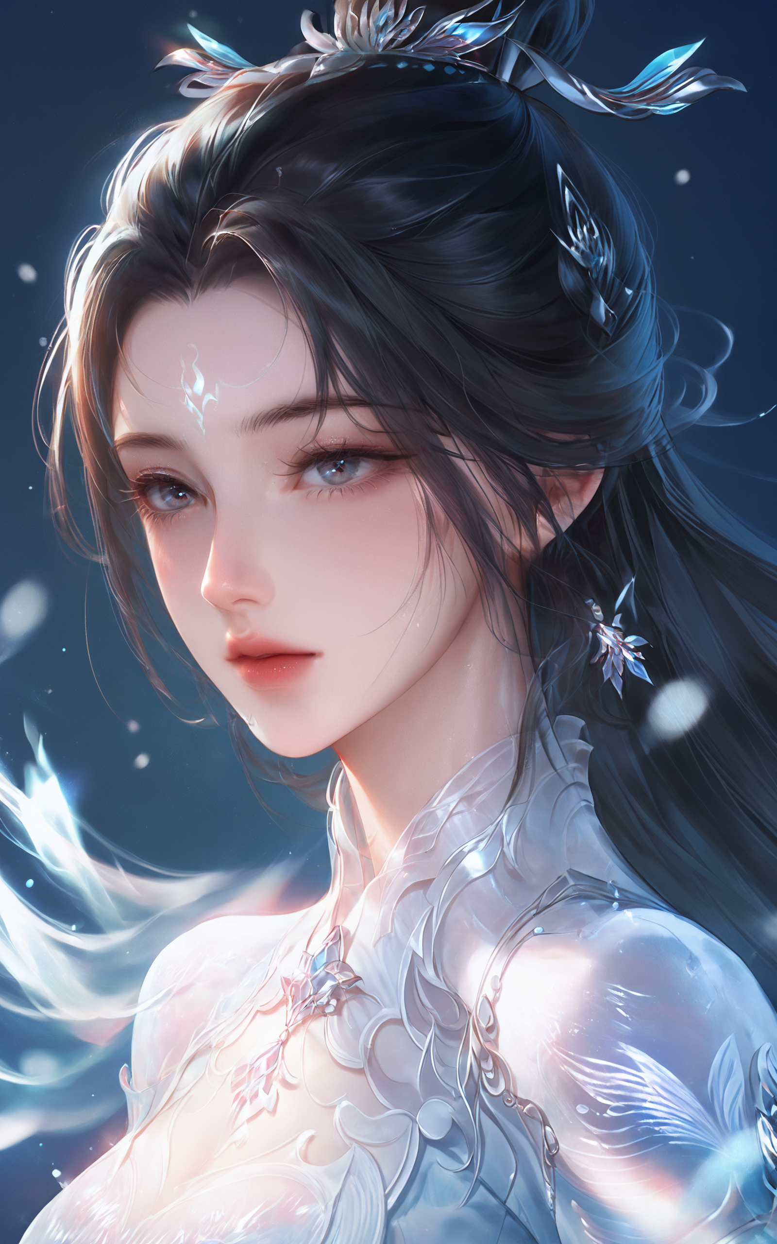 score_9,score_8_up,score_7_up,
<lora:luxueqi2486Pony:1>,luxueqi,appearance,1 female character,long black hair,facial marking on forehead,single hair bun,neutral expression,closed lips,upper body view,minimalist background,plain white background,charming posture,slender_waist,navel,light_blush,blush,glamor,hair_tucking,in winter,snow,ice,blue background,light particle,light effect,soft glow,shimmering snowflakes,ethereal atmosphere,delicate lighting,