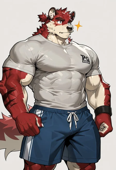 animal ears, muscular furry, furry, Clothes, PG, T-shirt, Shorts, bara