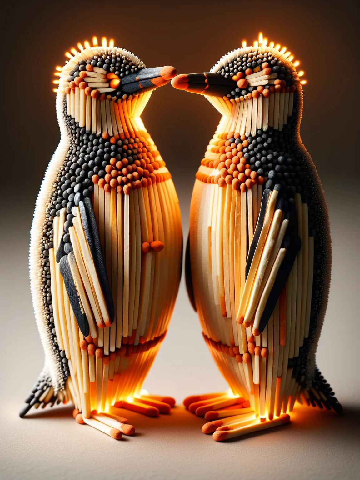 Two penguins made of ais-matches, huddled together for warmth, their ais-matches bodies radiating a playful orange glow <lora:Matches_Style_SDXL:1>