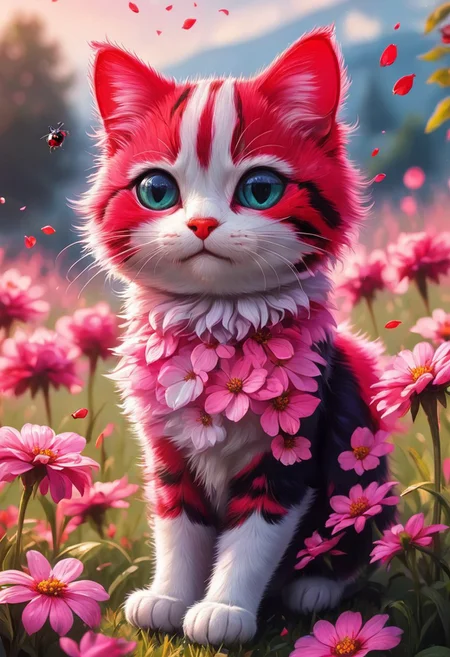 An adorable ladybug cat hybrid creature with  flower petal-like feathers in a field of pink and red flowers, hyperrealistic
best quality, ultra-detailed, very aesthetic, illustration, perfect composition, intricate details, absurd, atmospheric lighting, streaks of light
Masterpiece, vibrant colors, very detailed, midjourneyv6.1, detail background, Shine colorful, perfect, perfection, perfection style, colorful splashes,
