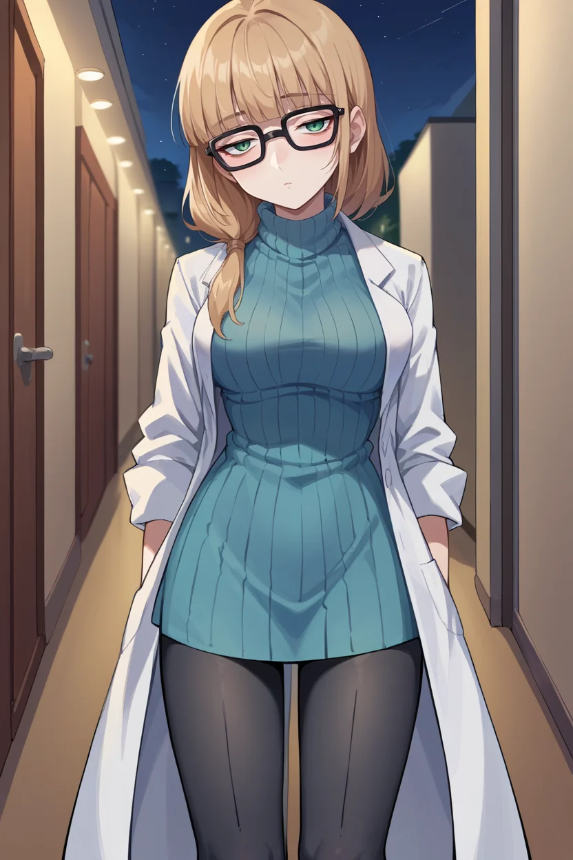 score_9, score_8_up, score_7_up, score_6_up, source_anime, BREAK 1girl <lora:pkmnoleana-pdxl-nvwls-v1-000005:1> pastOleana, medium hair, blunt bangs, tied hair, hair over shoulder, glasses, labcoat, blue turtleneck sweater, long sleeves, miniskirt, pantyhose, night, window, hallway, looking at you, tired