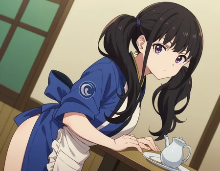 score_9, score_8_up, score_7_up, source_anime,
takinainoue, <lora:takina-inoue-s1-ponyxl-lora-nochekaiser:1>,
inoue takina, long hair, bangs, black hair, purple eyes,
twintails, japanese clothes, kimono, apron, waist apron, blue kimono, waitress,
indoors, bent over,
looking at viewer, cowboy shot, dutch angle, solo,