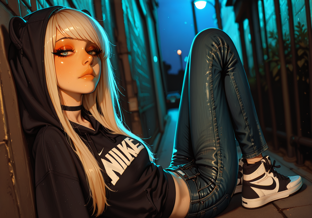 embedding:IllusP0s, scenequ33n, angled bangs, long hair, eyelashes, eyeliner, choker, baggie hoodie, looking at viewer, outdoors, night, 1girl, solo, high top sneakers, nike sneakers, skinny jeans, artist:moriimee<lora:scenequ33n_ill.safetensors:1.0:1.0> <lora:MoriiMee_Gothic_Niji_Style_Illustrious_r1.safetensors:0.8:0.8>