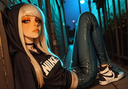 embedding:IllusP0s, scenequ33n, angled bangs, long hair, eyelashes, eyeliner, choker, baggie hoodie, looking at viewer, outdoors, night, 1girl, solo, high top sneakers, nike sneakers, skinny jeans, artist:moriimee<lora:scenequ33n_ill.safetensors:1.0:1.0> <lora:MoriiMee_Gothic_Niji_Style_Illustrious_r1.safetensors:0.8:0.8>
