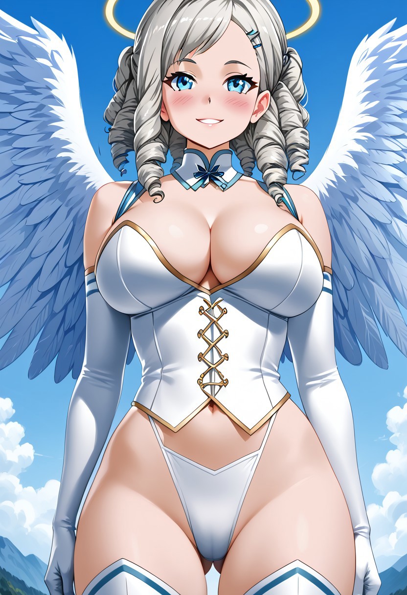 score_4,score_5,score_6,score_7_up,score_8_up,score_9 ((masterpiece,best quality,ultra detailed,highres,HD,4k:1.2)), 
((upper body)),outdoor,
1girl,solo,gir focu,solo focus,face focus,
large breasts,huge breast,angel girl,feathered wings,silver hair,drill hair,braid,halo,blue eyes,
bustier,panties,cleavage,navel,elbow gloves,zettai ryouiki,thighhighs,thigh boots,
looking at viewer,shy,blush,smile,