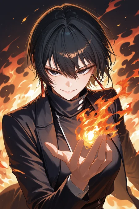 masterpiece, best quality, absurdres, safe,
1girl, hiyuki kagari, short hair, black eyes, earrings,
smile, flame, fire, hand up
<lora:kagurabachi_il_1_d16:1>