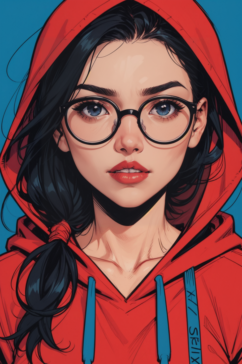 1girl, solo, hoodie, hood, black hair, glasses, red hoodie, looking at viewer, hood down, black-framed eyewear, drawstring, upper body, parted lips, black eyes, round eyewear, lips, red lips, ponytail, nose, teeth, blue background, long hair, portrait, medium hair, <lora:Expressive_H:0.5>, score_9, score_8_up, score_8_up, a_Comic_Illustration, rough lines with ink, (drawn:1.1), (sketch:1.5), (crosshatching:1.25), (comic style:1.1), graphic novel style, sharp lines, hires, zstyle, (western comics \(style\):1.1), (hatching \(texture\):1.2), zPDXL, Mr_Monster_Possitive, beautiful detailed eyes, extreme details eyes,  perfect anatomy,, 1girl, thighs, cowboy shot