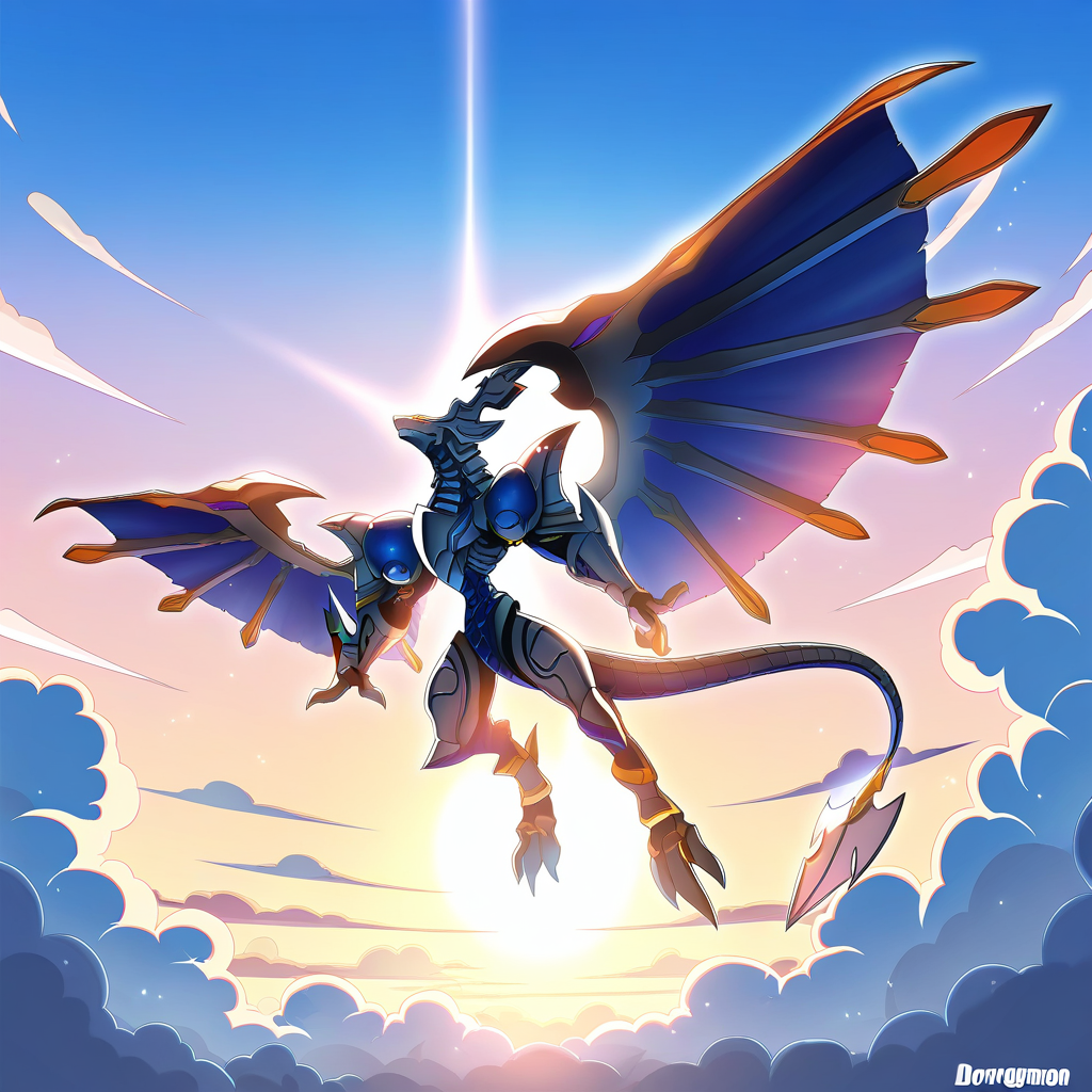 highres, best quality, masterpiece, very aesthetic, newest, year_2024, year_2023, year_2022,<lora:DorugoramonIllustrious:1>, dorugoramon,solo, full body,flying,sky,clouds,sun