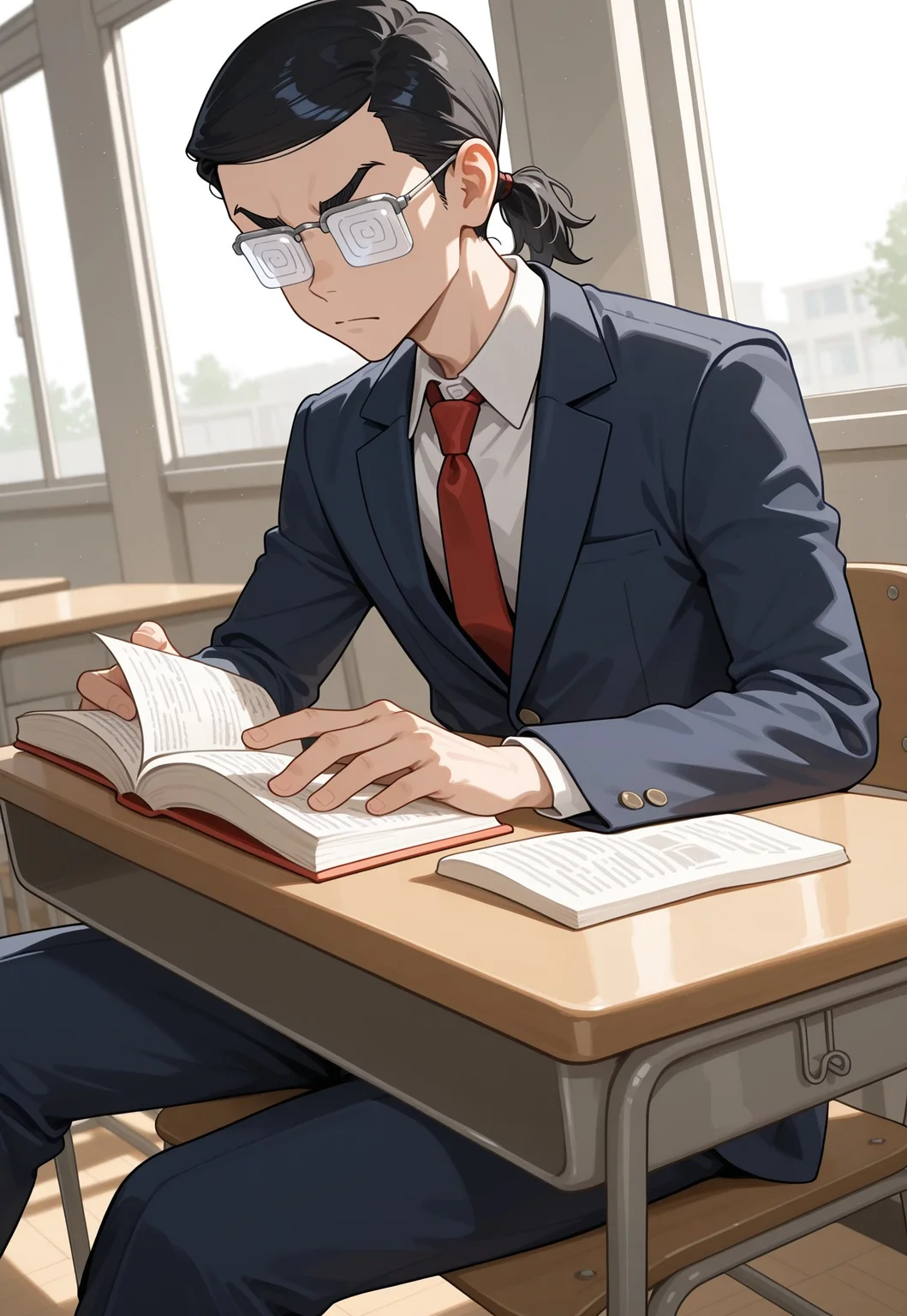 masterpiece, best quality, newest, absurdres, very aesthetic, highres, perspective, TRSBaji, 1boy, male focus, black hair, short ponytail, opaque glasses, over-rim eyewear, square coke-bottle glasses, white collared shirt, white wing collar, dark blue pants, brown belt, dark blue suit jacket, long sleeves, red necktie, solo, classroom, schooldesk, sitting on chair, reading book, book on desk, arms on desk, open book, holding book, v-shaped eyebrows, serious, frown, dutch angle, day, sunlight window,